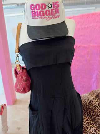 Black strapless pleated barrel jumpsuit READY TO SHIP