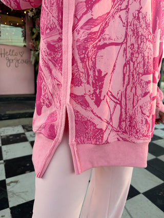 The Cowgirl Couture Exclusive Pink Camo Raw Hem Oversized Fleece Lined Crewneck