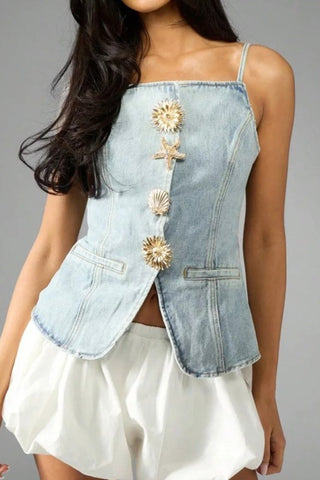 Coastal cowgirl light wash gold button denim vest