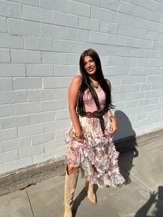 floral ruffle mesh tiered midi skirt