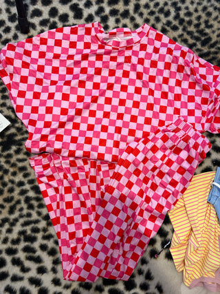 BAILEYS CLOSET small CCB sample pink red checkered oversized pocket tee and pants set