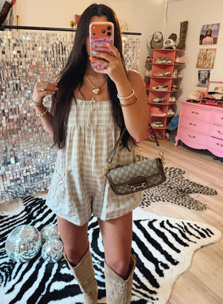 Sunday stroll adjustable strap plaid romper