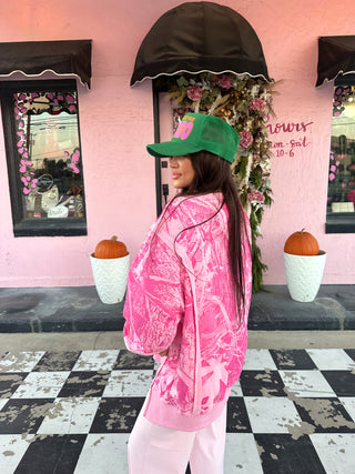 The Cowgirl Couture Exclusive Pink Camo Raw Hem Oversized Fleece Lined Crewneck