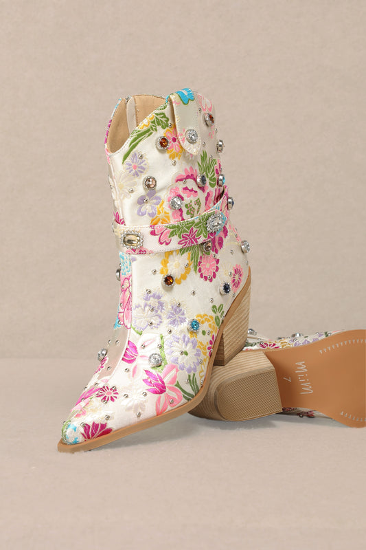 Floral Rhinestone Embroidered Detailed Boots