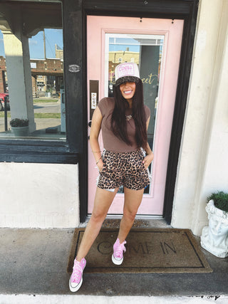 leopard bow stripe athletic shorts