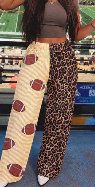 DEFECT Cowgirl Couture® Split Pants — Leopard + Pin Stripes Football READY TO SHIP
