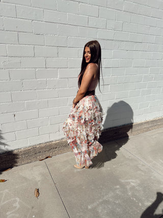 floral ruffle mesh tiered midi skirt