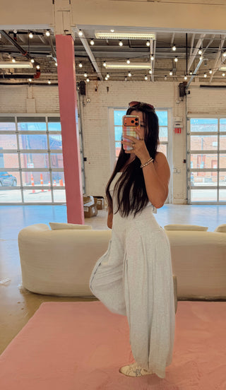 Ash Gray strapless pleated barrel jumpsuit ready to ship