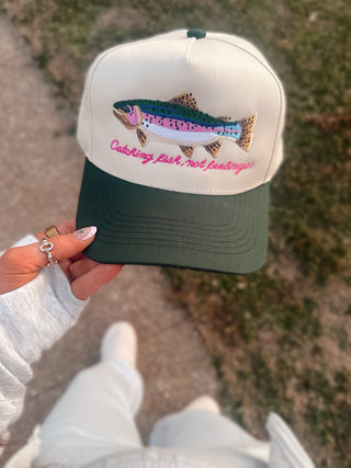 Catch fish not feelings embroidered trucker hat
