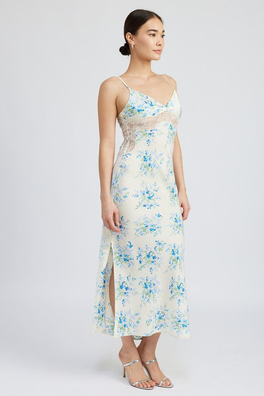 Gracesyn Blue Satin Lace Detailing Maxi Dress