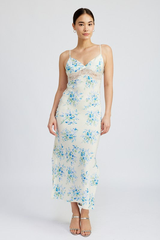 Gracesyn Blue Satin Lace Detailing Maxi Dress