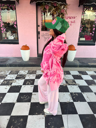 The Cowgirl Couture Exclusive Pink Camo Raw Hem Oversized Fleece Lined Crewneck