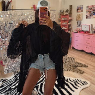 black sheer ruffle detailed blouse