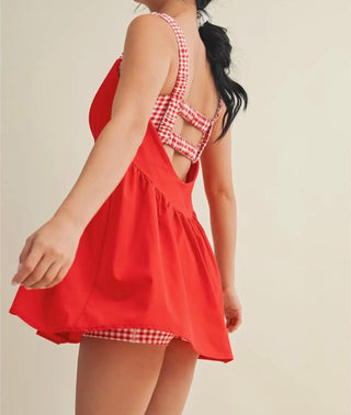 Gingham print double layered dress in red