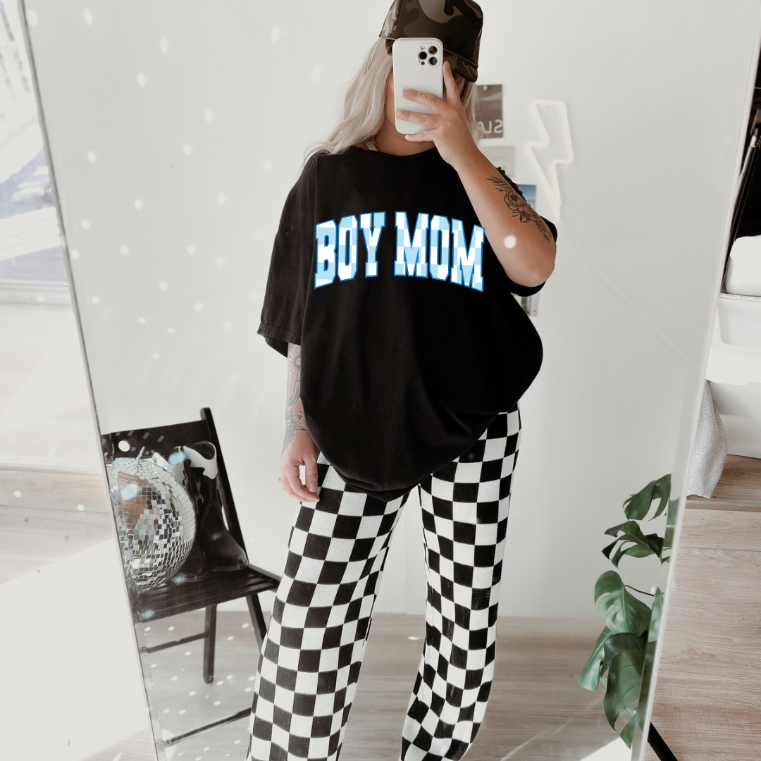 Blue checkered boy mom