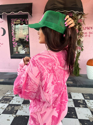 The Cowgirl Couture Exclusive Pink Camo Raw Hem Oversized Fleece Lined Crewneck