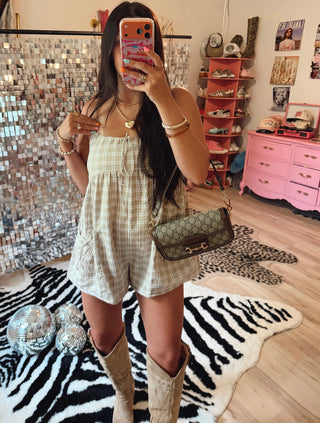 Sunday stroll adjustable strap plaid romper