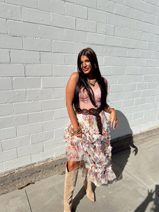 floral ruffle mesh tiered midi skirt