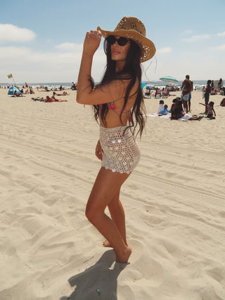 Ibiza mini shell trim sequin crochet skirt