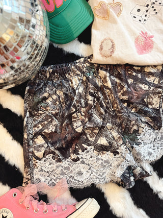 CCB original Lace Trim Camo Satin Shorts