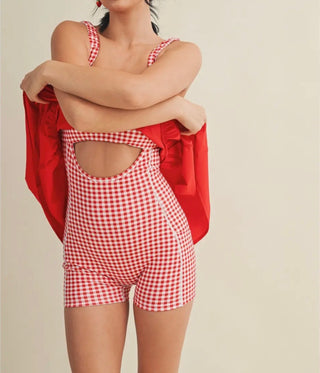 Gingham print double layered dress in red