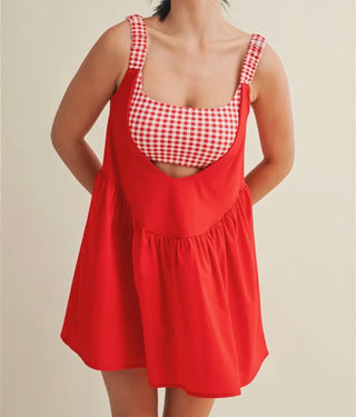 Gingham print double layered dress in red