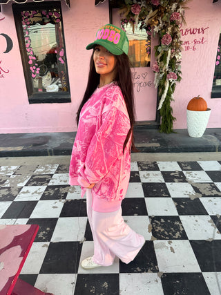 The Cowgirl Couture Exclusive Pink Camo Raw Hem Oversized Fleece Lined Crewneck