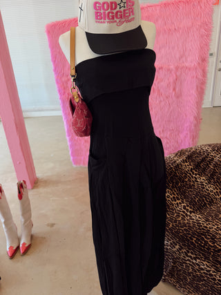 Black strapless pleated barrel jumpsuit READY TO SHIP