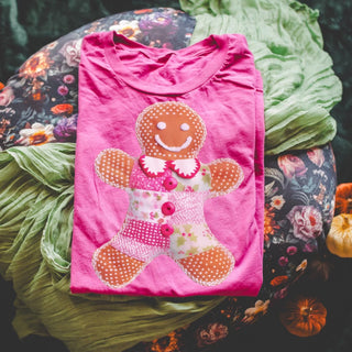 Faux embroidery vintage chic pink floral gingerbread man