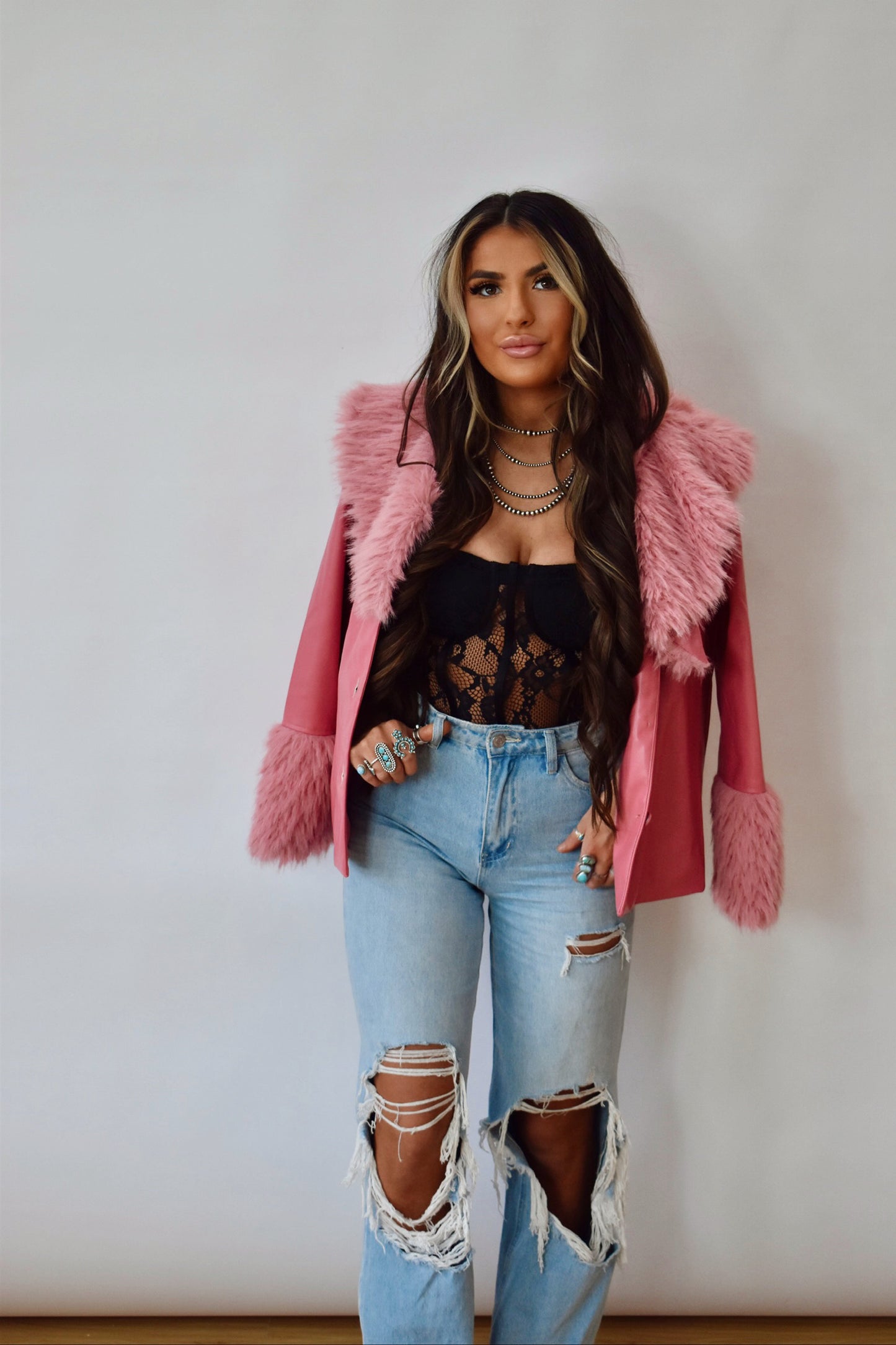 Removal fur pink faux leather jacket