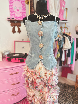 Coastal cowgirl light wash gold button denim vest