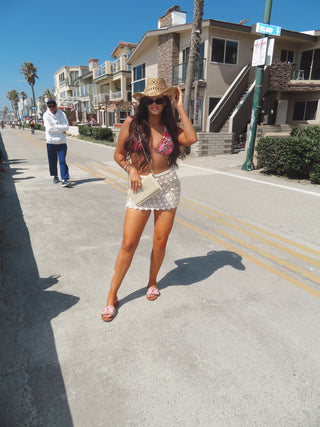 Ibiza mini shell trim sequin crochet skirt