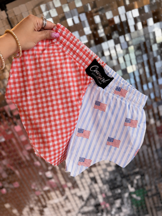 CCB™ original split flags blue stripes / red gingham boxer shorts PREORDER