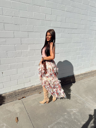 floral ruffle mesh tiered midi skirt