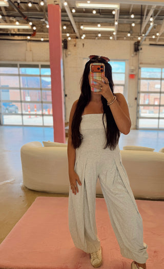 Ash Gray strapless pleated barrel jumpsuit ready to ship