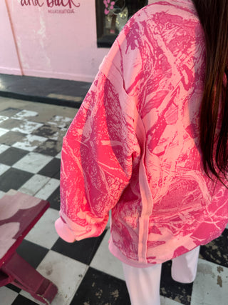 The Cowgirl Couture Exclusive Pink Camo Raw Hem Oversized Fleece Lined Crewneck