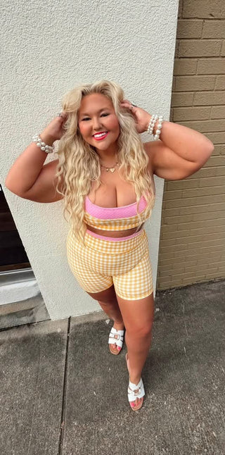 **BOTTOMS ONLY** CCB original Yellow Gingham/polka dot layered athletic biker shorts PREORDER