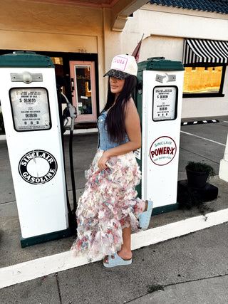 floral ruffle mesh tiered midi skirt