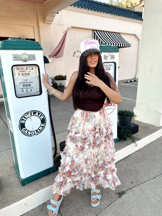 floral ruffle mesh tiered midi skirt