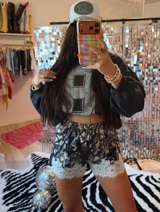 CCB original Lace Trim Camo Satin Shorts