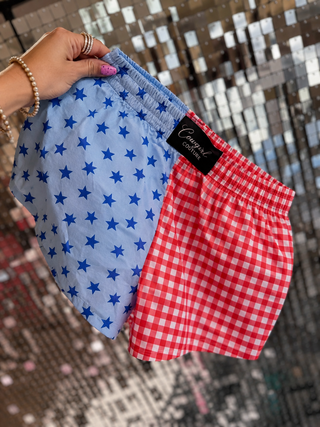 CCB™ original split Blue stars / red gingham boxer shorts PREORDER