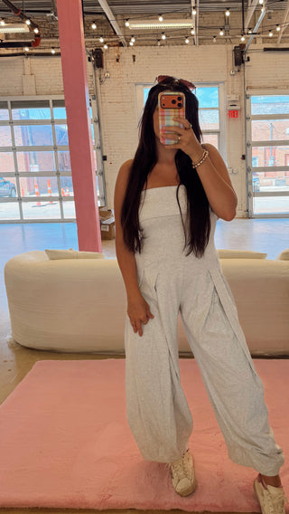 Ash Gray strapless pleated barrel jumpsuit ready to ship
