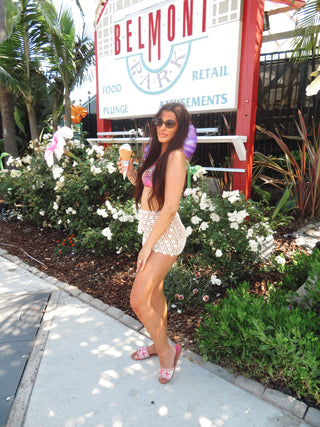 Ibiza mini shell trim sequin crochet skirt