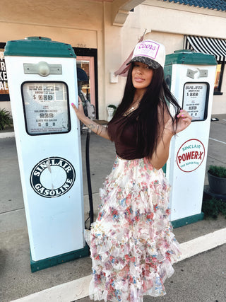 floral ruffle mesh tiered midi skirt