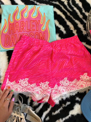 CCB original Lace Trim Pink Zebra Satin Shorts