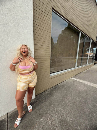 **BOTTOMS ONLY** CCB original Yellow Gingham/polka dot layered athletic biker shorts PREORDER
