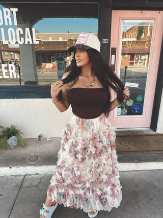 floral ruffle mesh tiered midi skirt