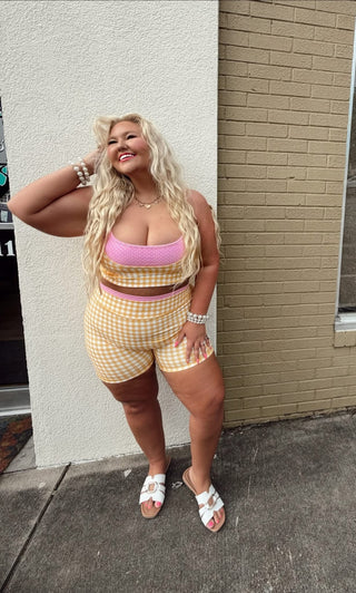 **BOTTOMS ONLY** CCB original Yellow Gingham/polka dot layered athletic biker shorts PREORDER