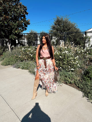 floral ruffle mesh tiered midi skirt