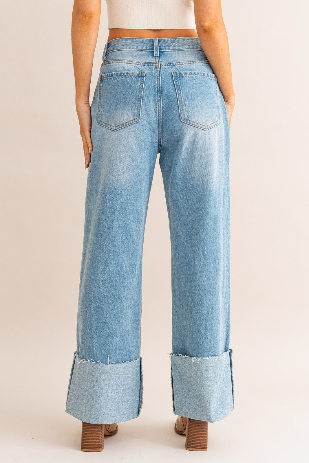 Western inspired high waist wide leg cuffed jeans
